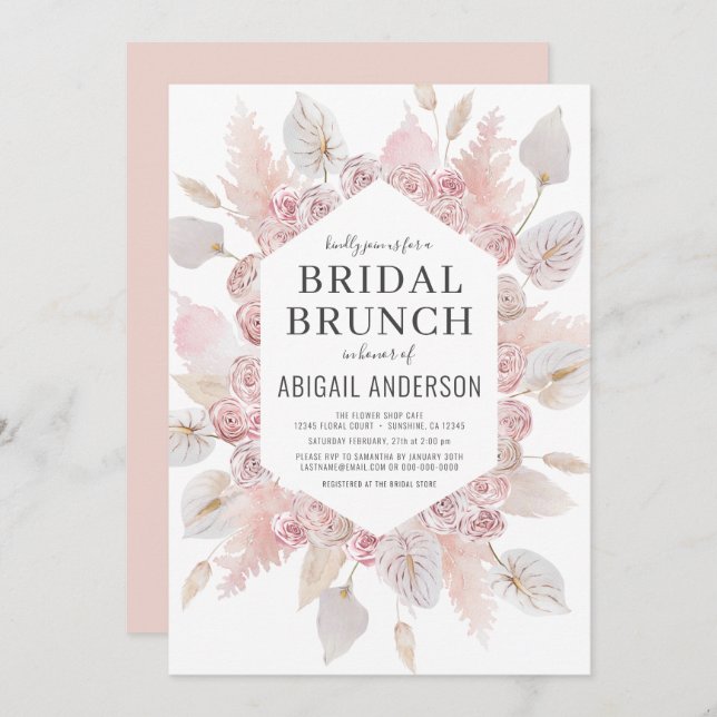 Boho Pampas Grass Bridal Brunch Elegant Invitation (Front/Back)