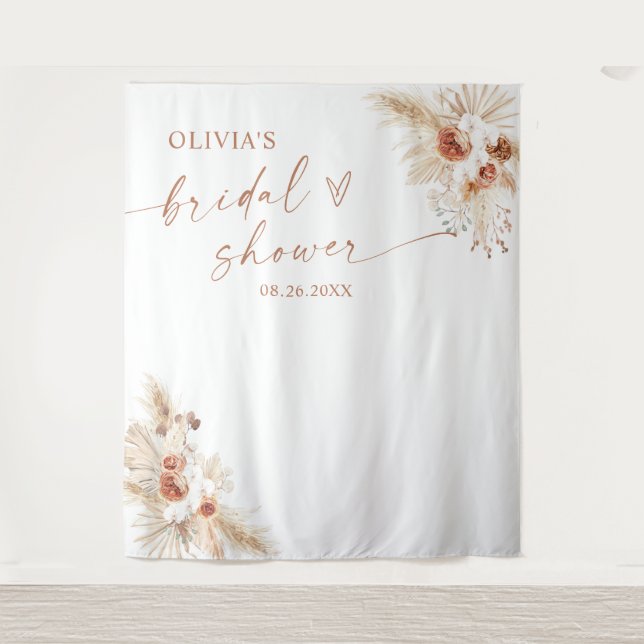 Boho Pampas Grass Bridal Shower Backdrop Tapestry  (Front)