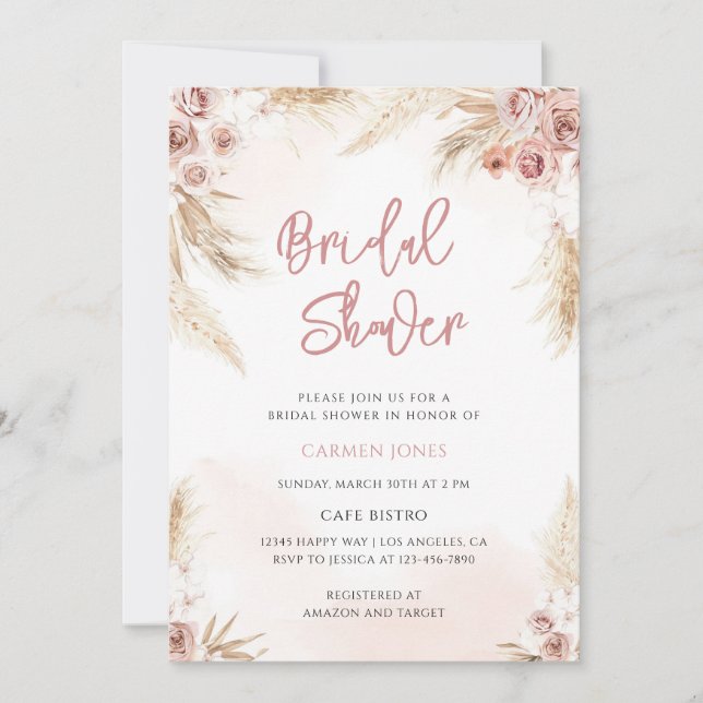 Boho Pampas Grass Bridal Shower Invitation (Front)