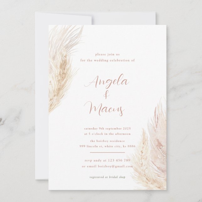 Boho pampas Grass Bridal Shower Invitation (Front)