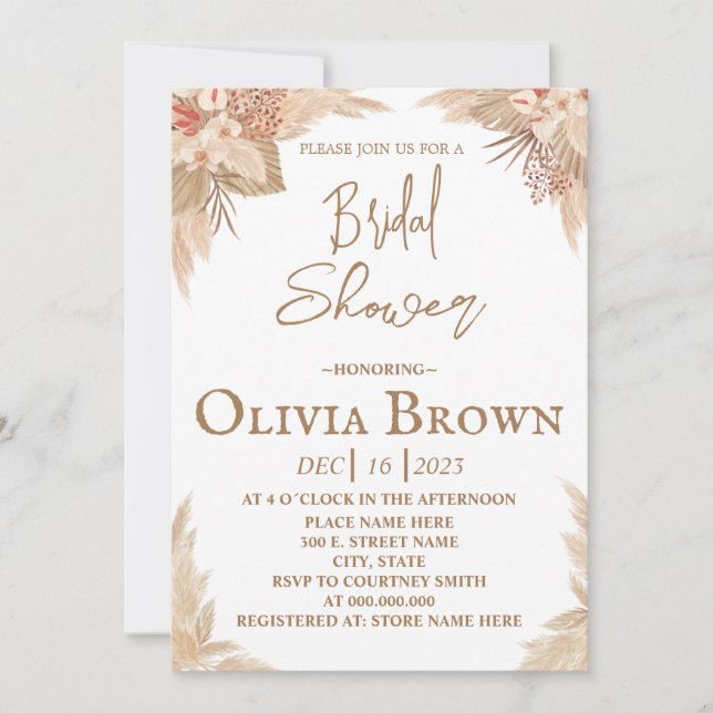 Boho Pampas Grass Bridal Shower Invitation (Front)