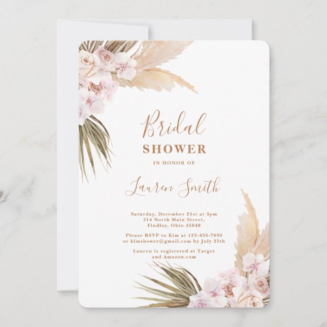 Boho pampas Grass Bridal Shower Invitation (Front)