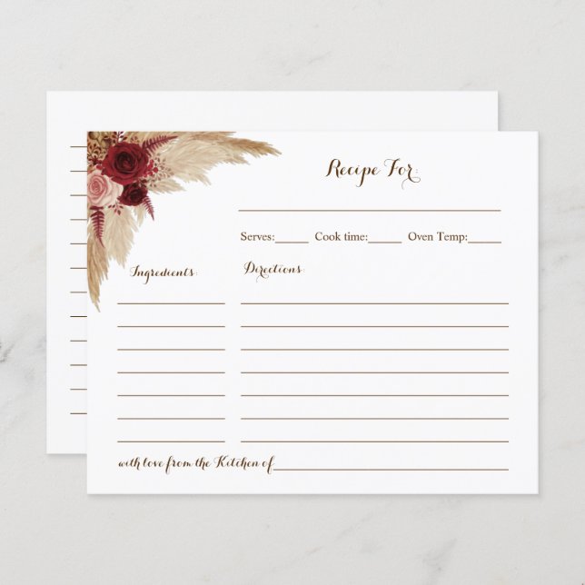 Boho Pampas Grass Bridal Shower Recipe Card (Front/Back)