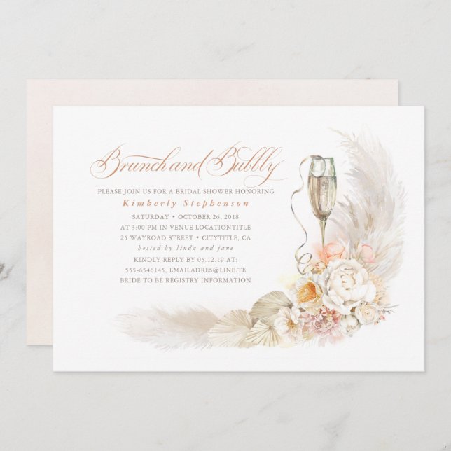 Boho Pampas Grass Brunch and Bubbly Bridal Shower Invitation (Front/Back)