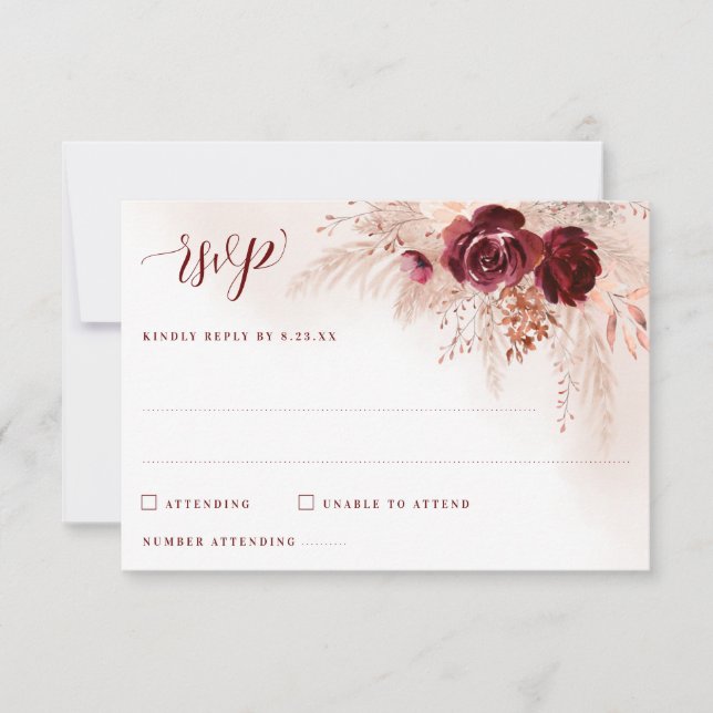 Boho Pampas Grass Burgundy Roses Floral Wedding RSVP Card (Front)