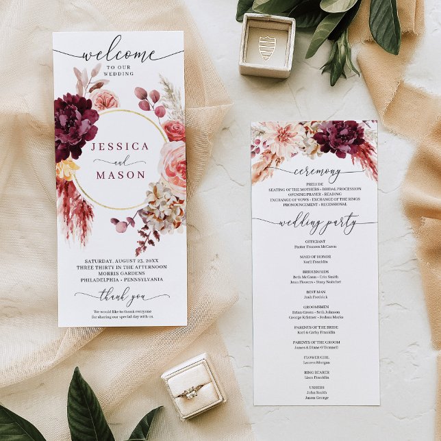 Boho Pampas Grass Burgundy Wedding Program Programme (Creator Uploaded)