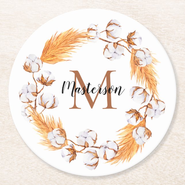 Boho Pampas Grass | Cotton Wreath Monogram Round Paper Coaster (Front)