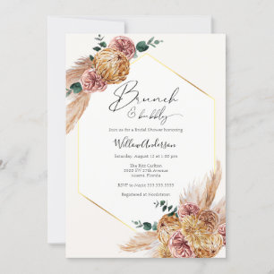 Boho Pampas Grass Dried Bouquet Brunch and Bubbly Invitation
