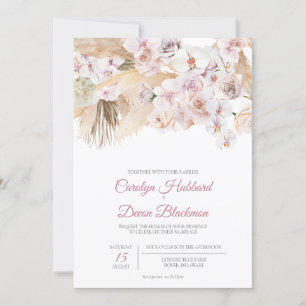 Boho Pampas Grass Dried Floral Blush Rose Wedding  Invitation