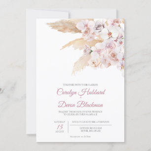 Boho Pampas Grass Dried Floral Blush Rose Wedding  Invitation