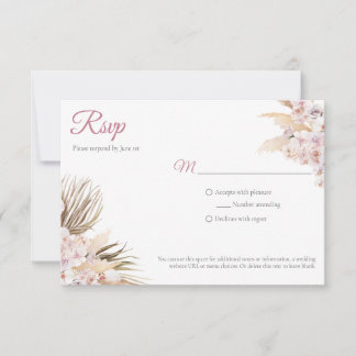Boho Pampas Grass Dried Floral Blush Rose Wedding RSVP Card