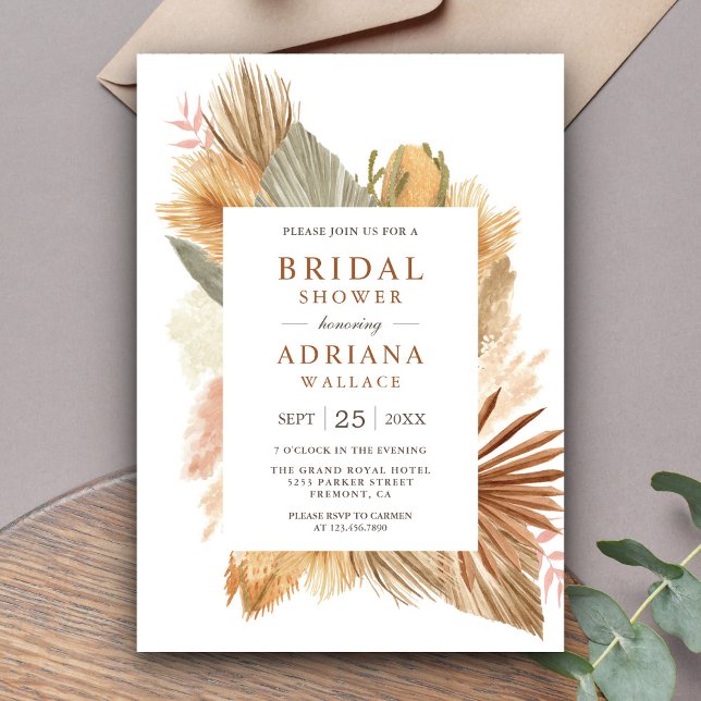 Boho Pampas Grass Dried Palm Leaves Bridal Shower Invitation (Creator Uploaded)