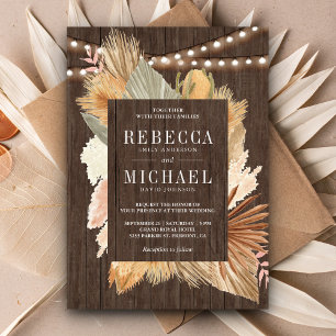 Boho Pampas Grass Dried Palm Leaves Wood Wedding Invitation