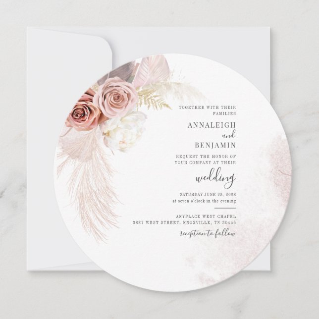 Boho Pampas Grass Dried Palms Terracotta Wedding Invitation (Front)