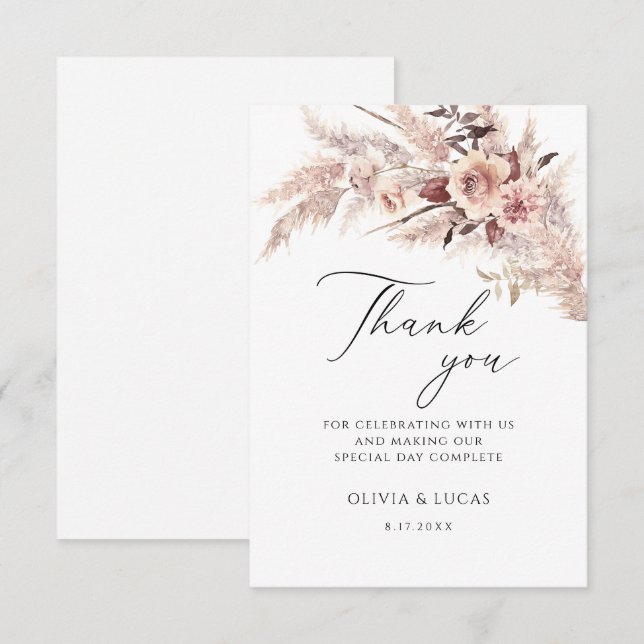 Boho Pampas Grass Dry Flowers Floral Cream Wedding Thank You Card (Front/Back)
