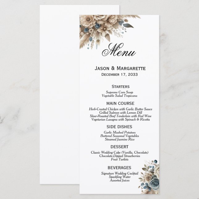 Boho Pampas Grass Dusty Blue Florals Modern  Menu (Front/Back)