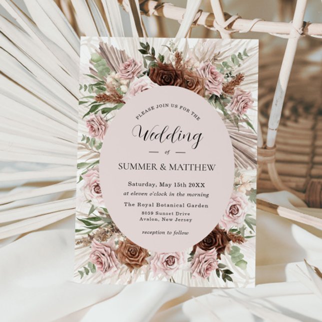Boho Pampas Grass Dusty Pink Brown Floral Wedding Invitation (Creator Uploaded)