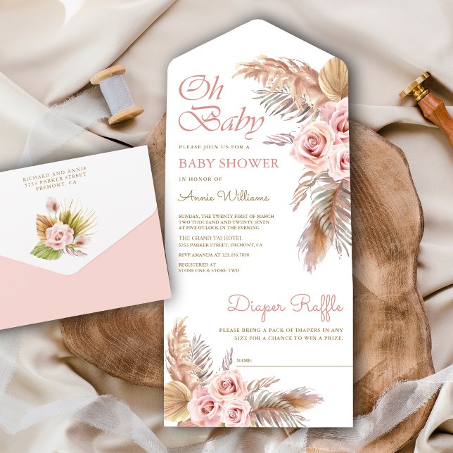 Boho Pampas Grass Dusty Pink Roses Baby Shower All In One Invitation (Creator Uploaded)