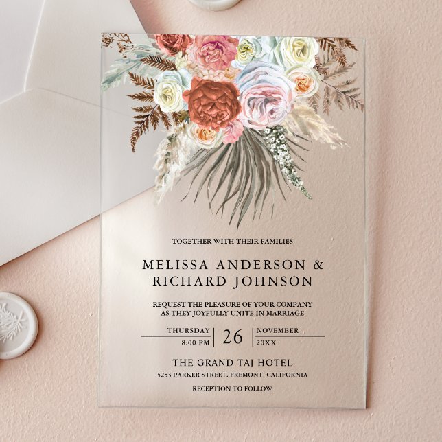 Boho Pampas Grass Earthy Floral Terracotta Wedding Acrylic Invitations (Creator Uploaded)