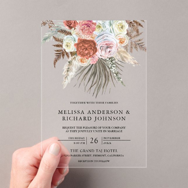Boho Pampas Grass Earthy Floral Terracotta Wedding Acrylic Invitations (Insitu (Handheld))