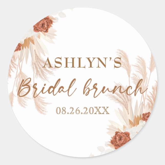 Boho Pampas Grass Elegant Bridal Brunch Terracotta Classic Round Sticker (Front)