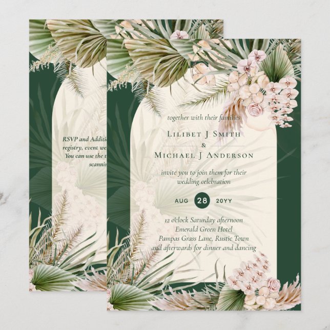 BOHO Pampas Grass Emerald Green Wedding Invitation (Front/Back)
