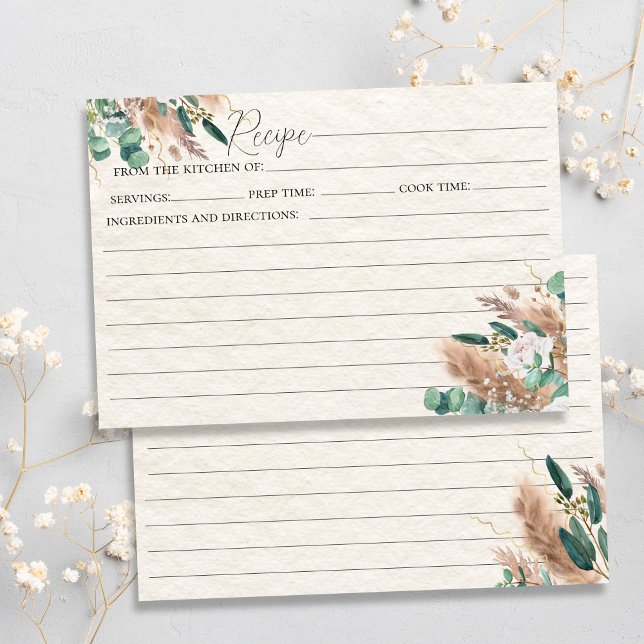 Boho Pampas Grass Eucalyptus Beige Recipe Card (Creator Uploaded)