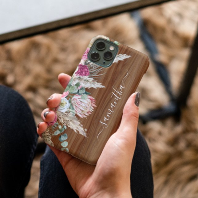 Boho Pampas Grass Eucalyptus Wood Look Monogram Case-Mate iPhone Case (Creator Uploaded)