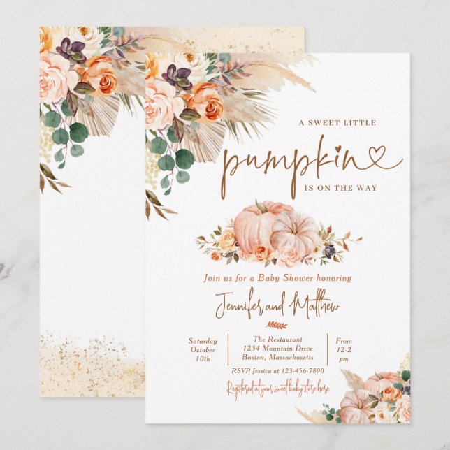 Boho Pampas Grass Fall Floral Pumpkin Baby Shower Invitation (Front/Back)