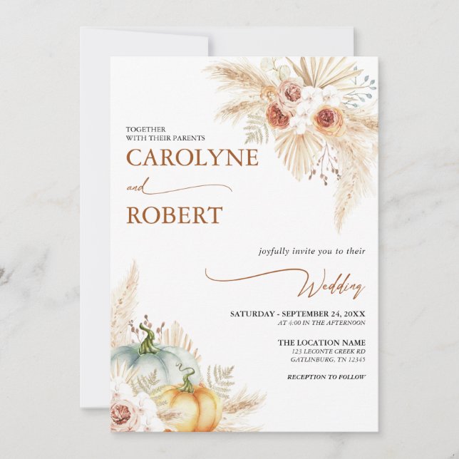 Boho Pampas Grass Fall Pumpkin Wedding Invitation (Front)