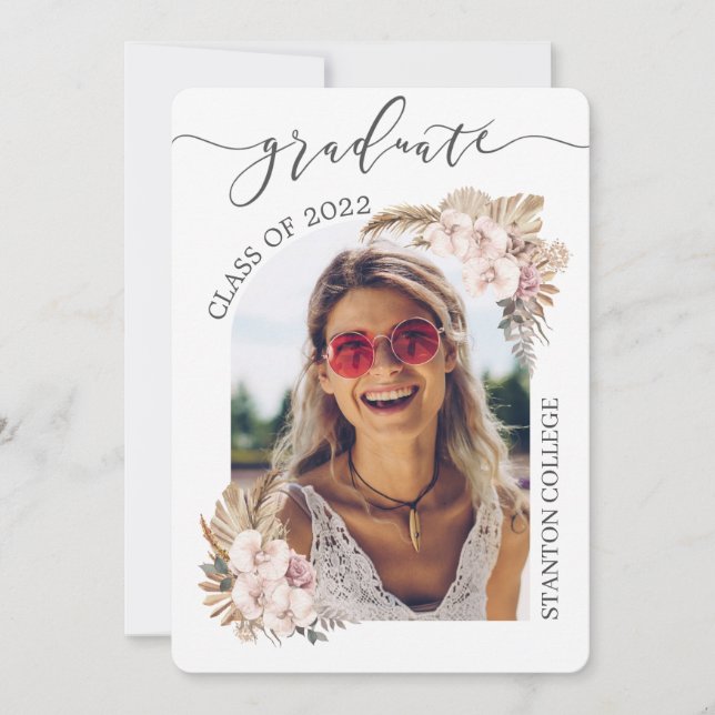 Boho Pampas Grass Floral Arch Picture Graduation  Invitation (Front)