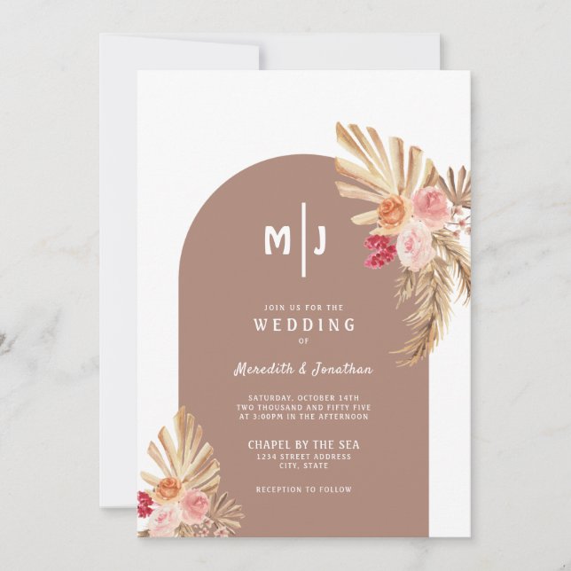 Boho Pampas Grass Floral Arch Wedding Invitation (Front)