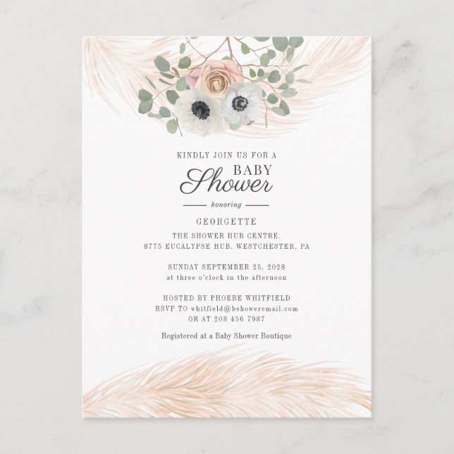 Boho Pampas Grass Floral Baby Shower Invitation Postcard (Front)