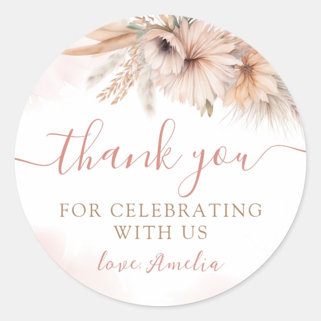 Boho Pampas Grass Floral Baby Shower Thank You Classic Round Sticker (Front)