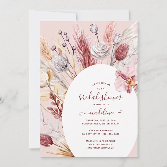 Boho Pampas Grass Floral Bridal Shower Invitation (Front)