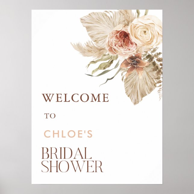 Boho Pampas Grass Floral Bridal Shower Welcome Poster (Front)