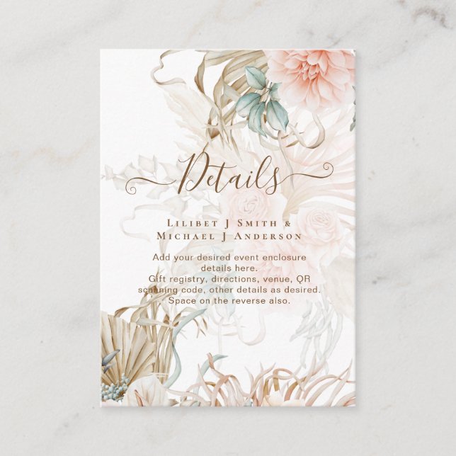 BOHO Pampas Grass Floral Coral Sage Wedding Enclosure Card (Front)