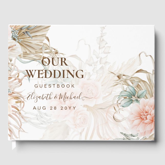 BOHO Pampas Grass Floral Coral Sage Wedding Guest Book (Front)