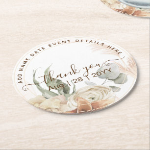 BOHO Pampas Grass Floral Coral Sage Wedding Round Paper Coaster