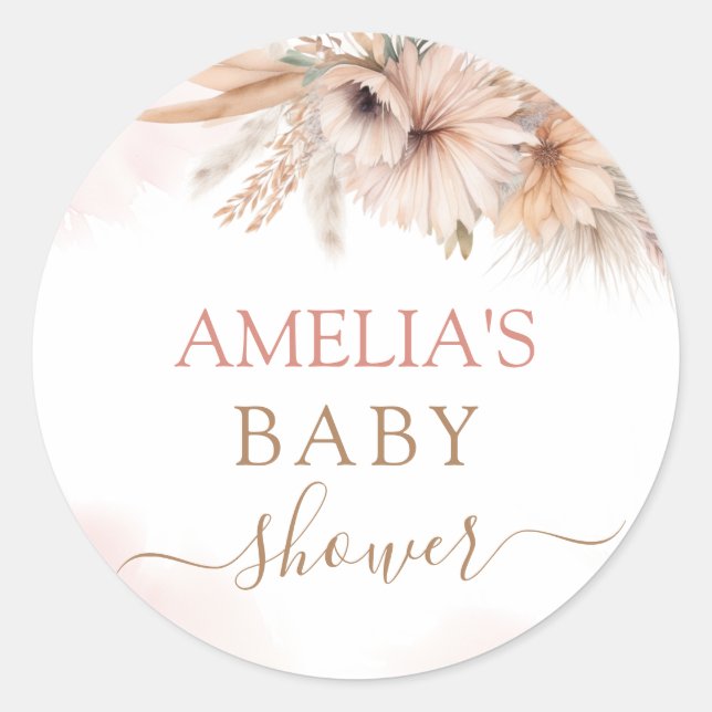 Boho Pampas Grass Floral Desert Girl Baby Shower Classic Round Sticker (Front)