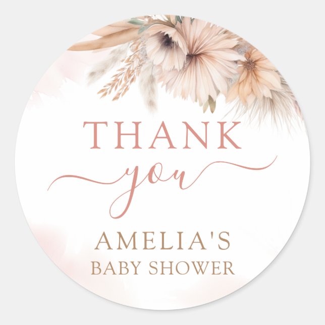 Boho Pampas Grass Floral Dessert Baby Shower Classic Round Sticker (Front)