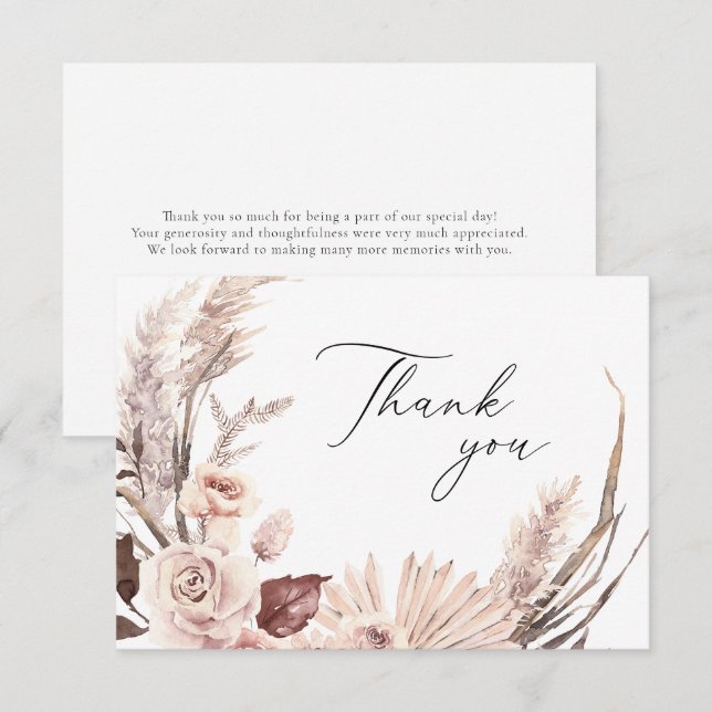 Boho Pampas Grass Floral Dried Flowers Wedding  Thank You Card (Front/Back)