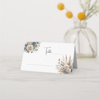Boho Pampas Grass Floral Dusty Blue, Modern Simple Place Card