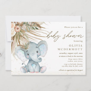 Boho Pampas Grass Floral Elephant Baby Shower Boy Invitation