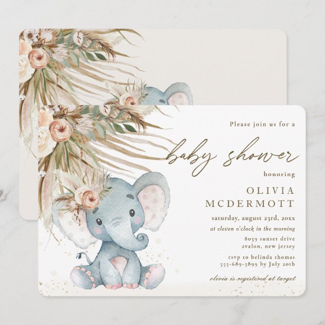 Boho Pampas Grass Floral Elephant Baby Shower  Invitation (Front/Back)