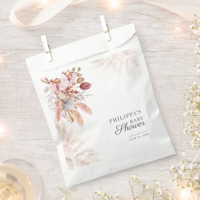 Boho Pampas Grass Floral Girl Baby Shower Favour Bags (Clipped)
