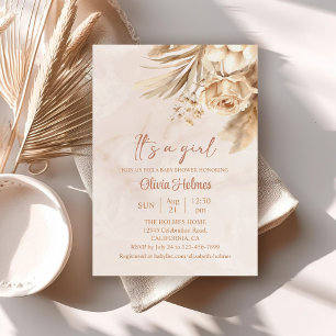Boho Pampas Grass Floral It's a Girl Baby Shower Invitation
