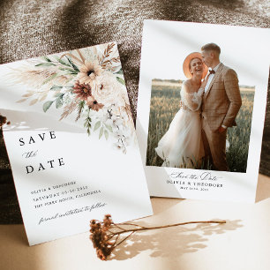 Boho Pampas Grass Floral Photo Back Wedding Save The Date