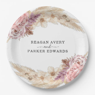 Boho Pampas Grass Floral Purple Wedding Paper Plate