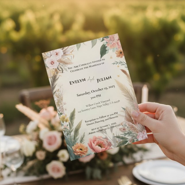 Boho Pampas Grass Floral Wedding Invitation  (Creator Uploaded)
